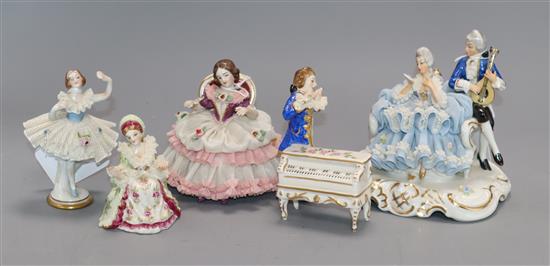 Five Dresden, Irish Dresden and other small lace figures,